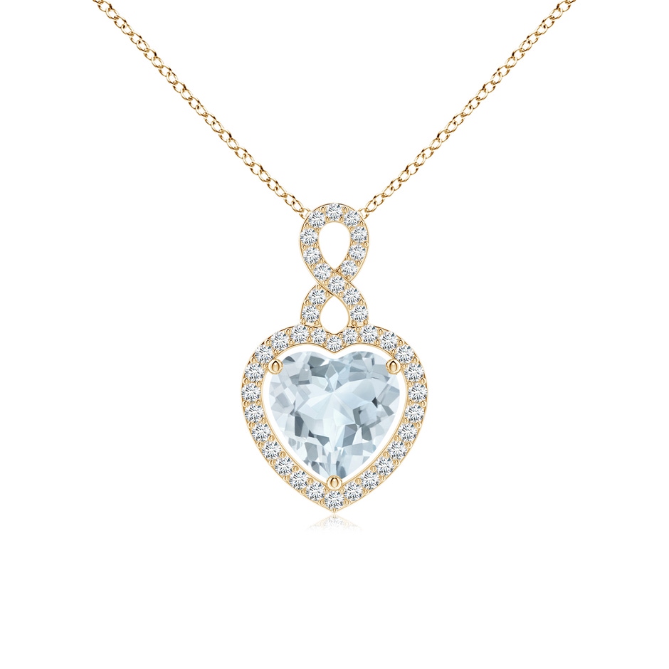 8mm A Aquamarine Infinity Heart Pendant with Diamond Halo in Yellow Gold 