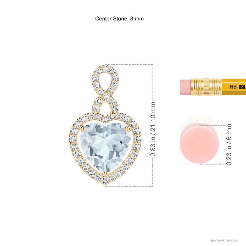 8mm A Aquamarine Infinity Heart Pendant with Diamond Halo in Yellow Gold ruler