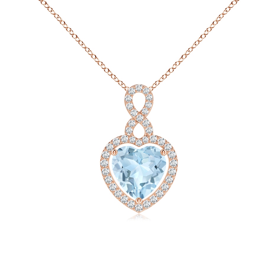 8mm AA Aquamarine Infinity Heart Pendant with Diamond Halo in Rose Gold 