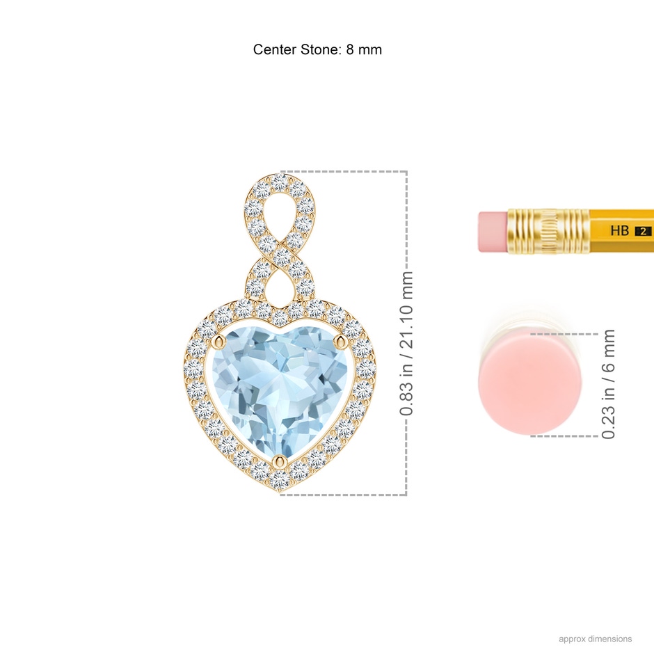 8mm AA Aquamarine Infinity Heart Pendant with Diamond Halo in Yellow Gold ruler
