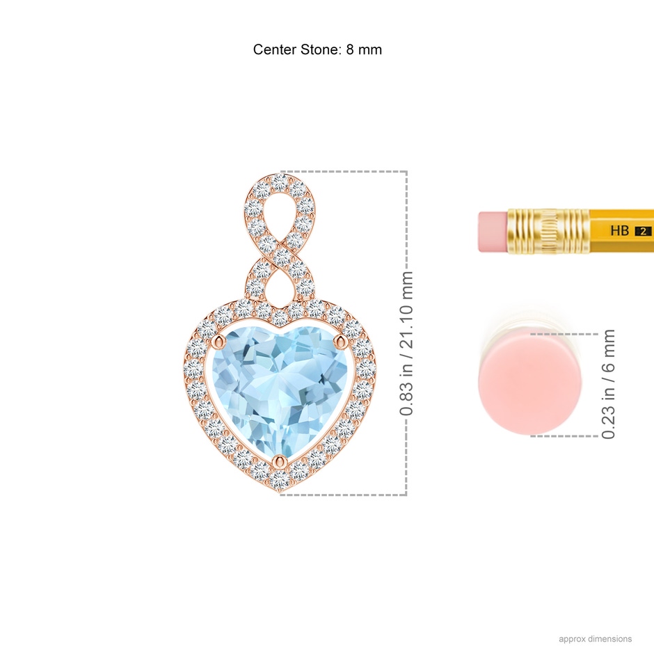 8mm AAA Aquamarine Infinity Heart Pendant with Diamond Halo in Rose Gold ruler
