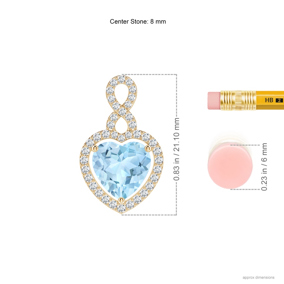 8mm AAA Aquamarine Infinity Heart Pendant with Diamond Halo in Yellow Gold ruler