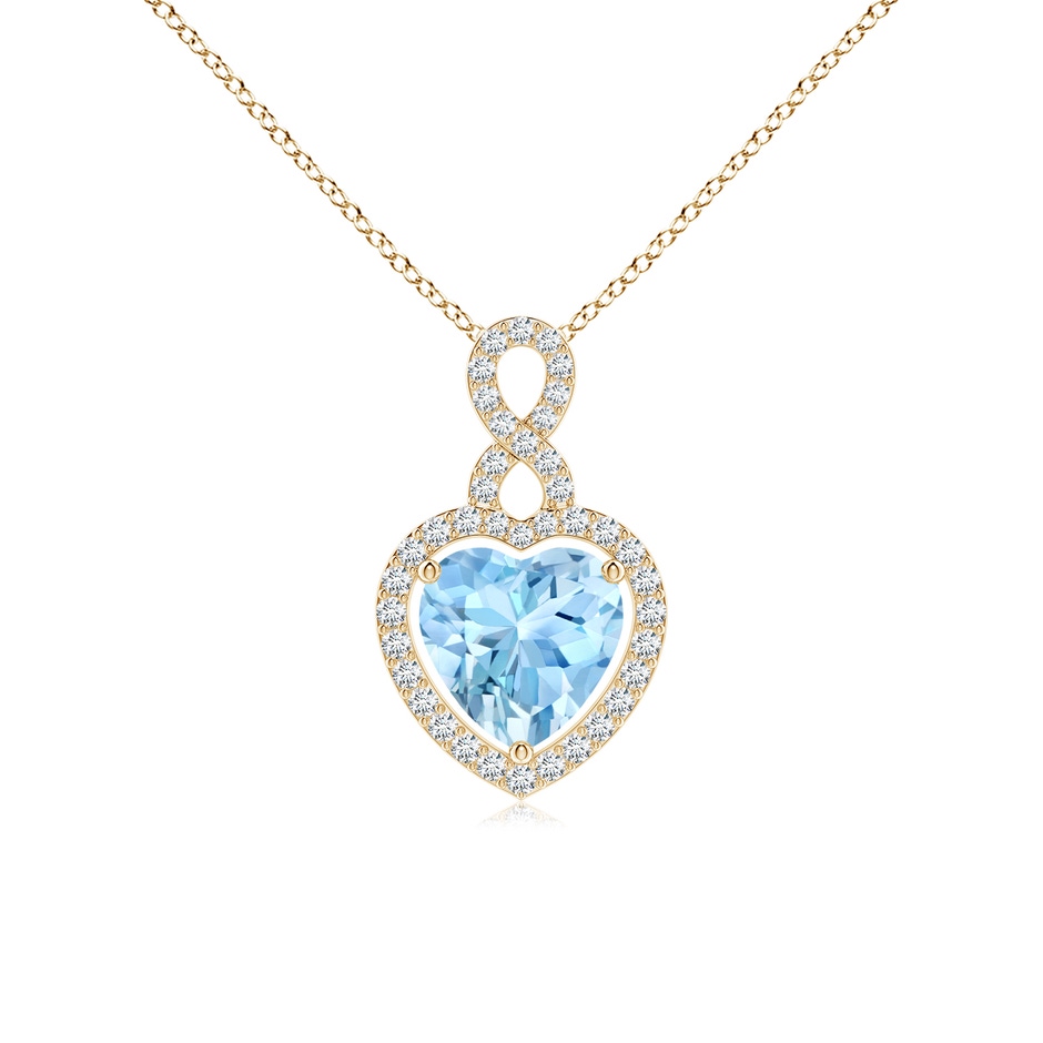 8mm AAAA Aquamarine Infinity Heart Pendant with Diamond Halo in Yellow Gold 
