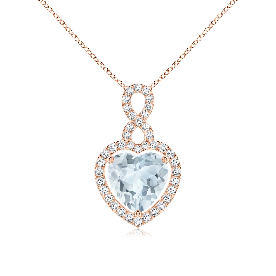 9mm A Aquamarine Infinity Heart Pendant with Diamond Halo in Rose Gold 