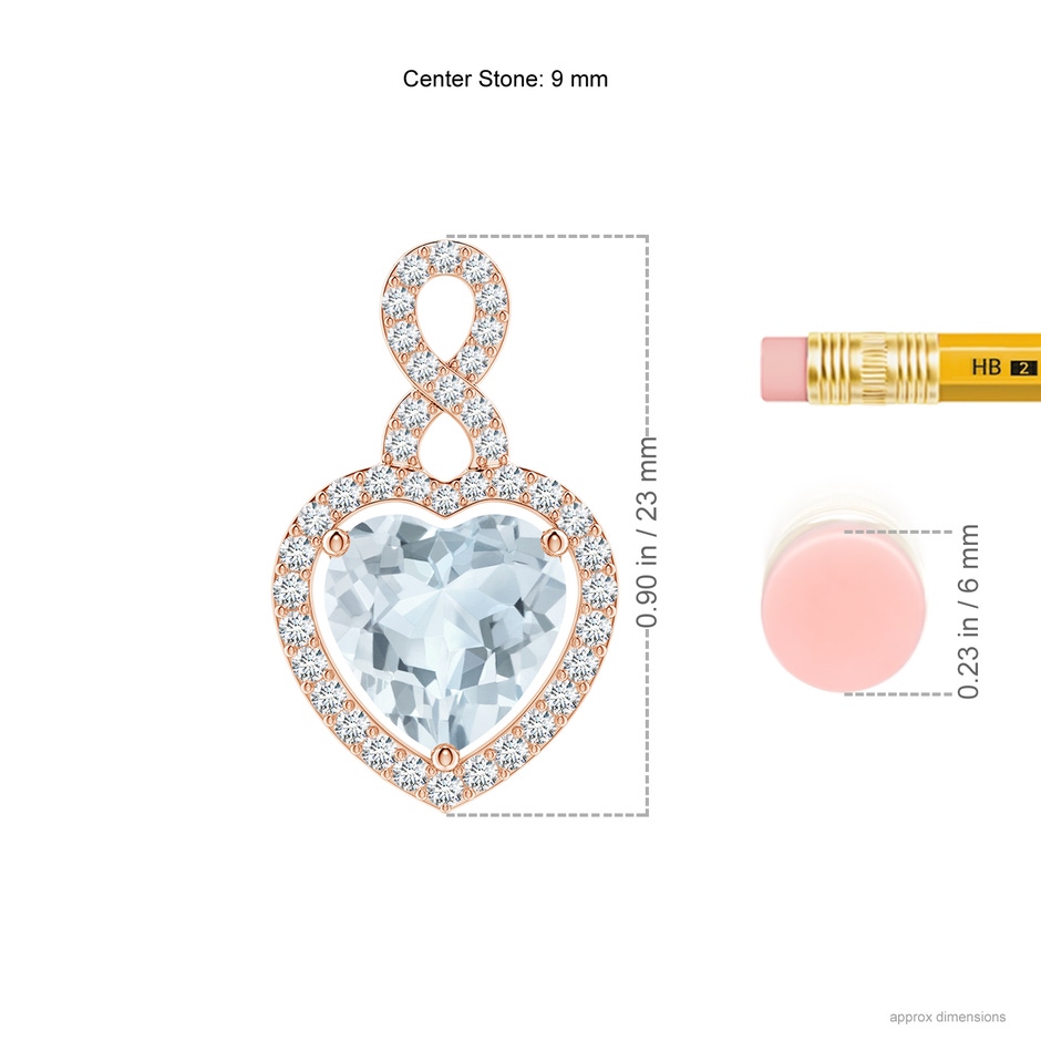 9mm A Aquamarine Infinity Heart Pendant with Diamond Halo in Rose Gold ruler