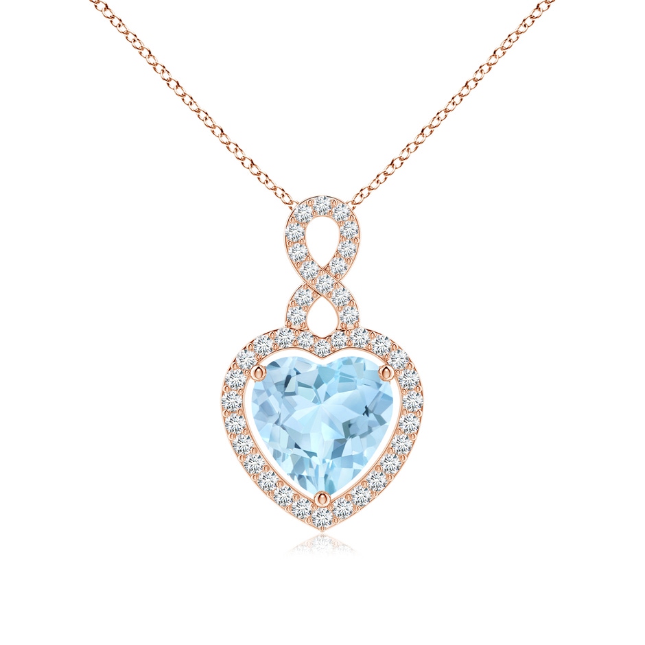 9mm AAA Aquamarine Infinity Heart Pendant with Diamond Halo in Rose Gold 