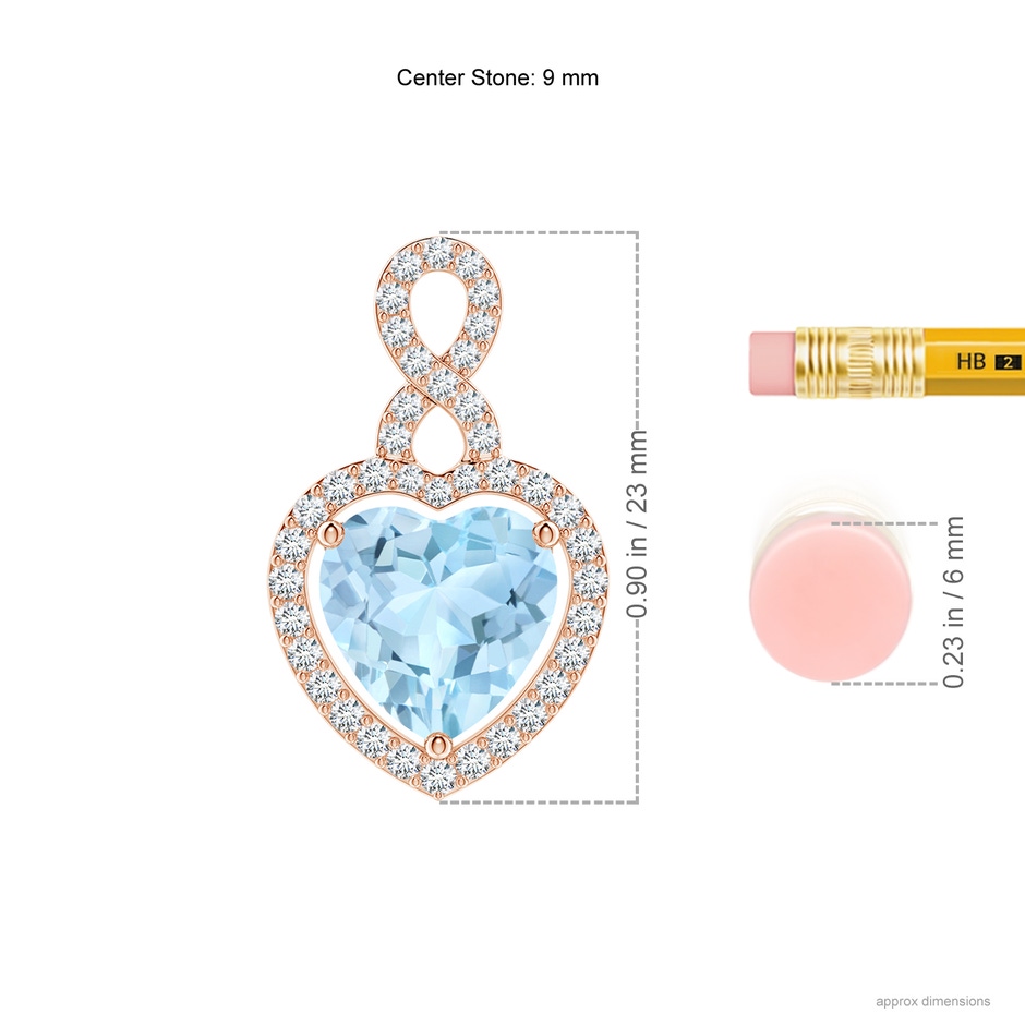 9mm AAA Aquamarine Infinity Heart Pendant with Diamond Halo in Rose Gold ruler