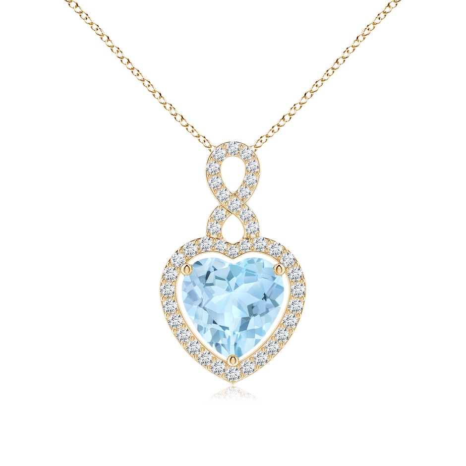 9mm AAA Aquamarine Infinity Heart Pendant with Diamond Halo in Yellow Gold 