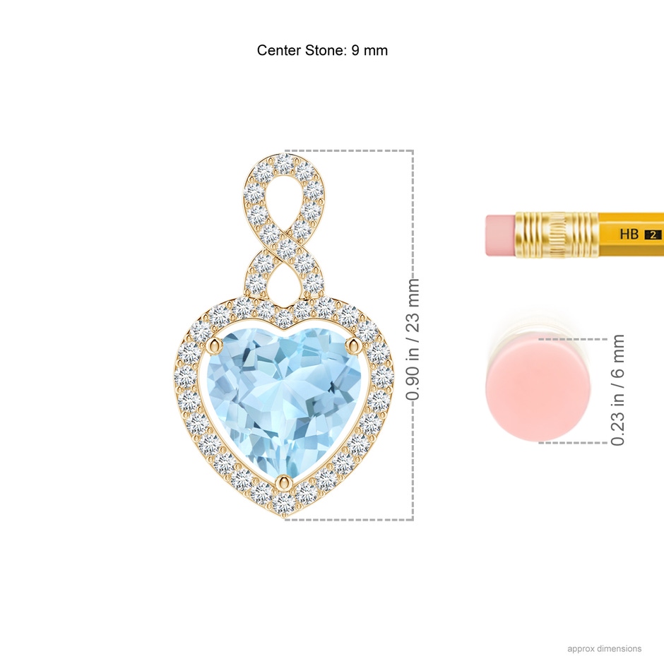 9mm AAA Aquamarine Infinity Heart Pendant with Diamond Halo in Yellow Gold ruler