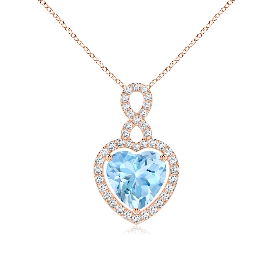 9mm AAAA Aquamarine Infinity Heart Pendant with Diamond Halo in Rose Gold 