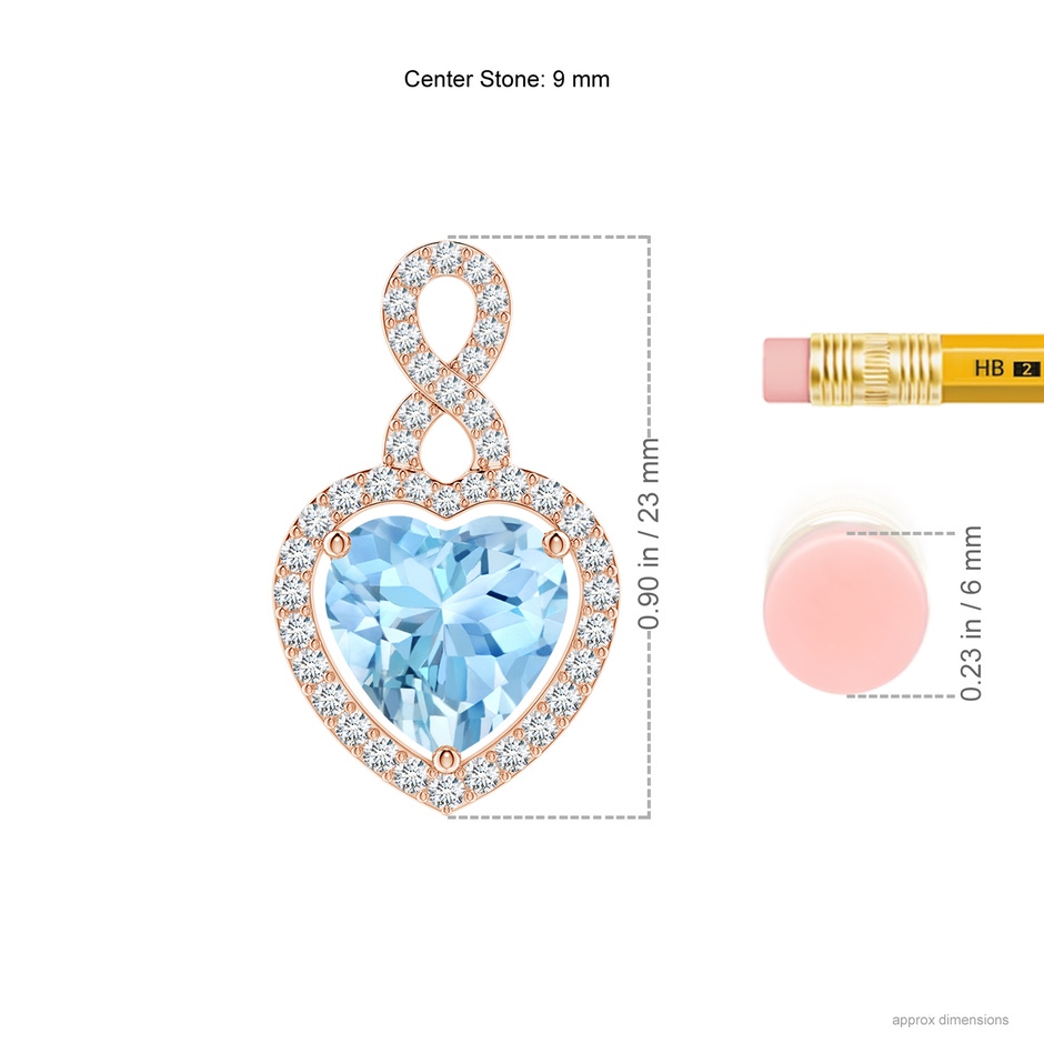 9mm AAAA Aquamarine Infinity Heart Pendant with Diamond Halo in Rose Gold ruler
