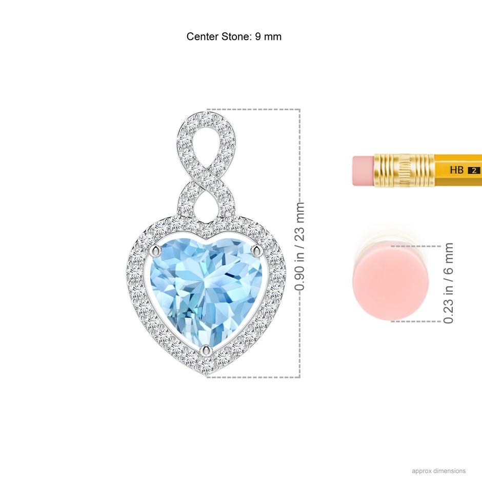 9mm AAAA Aquamarine Infinity Heart Pendant with Diamond Halo in S999 Silver ruler