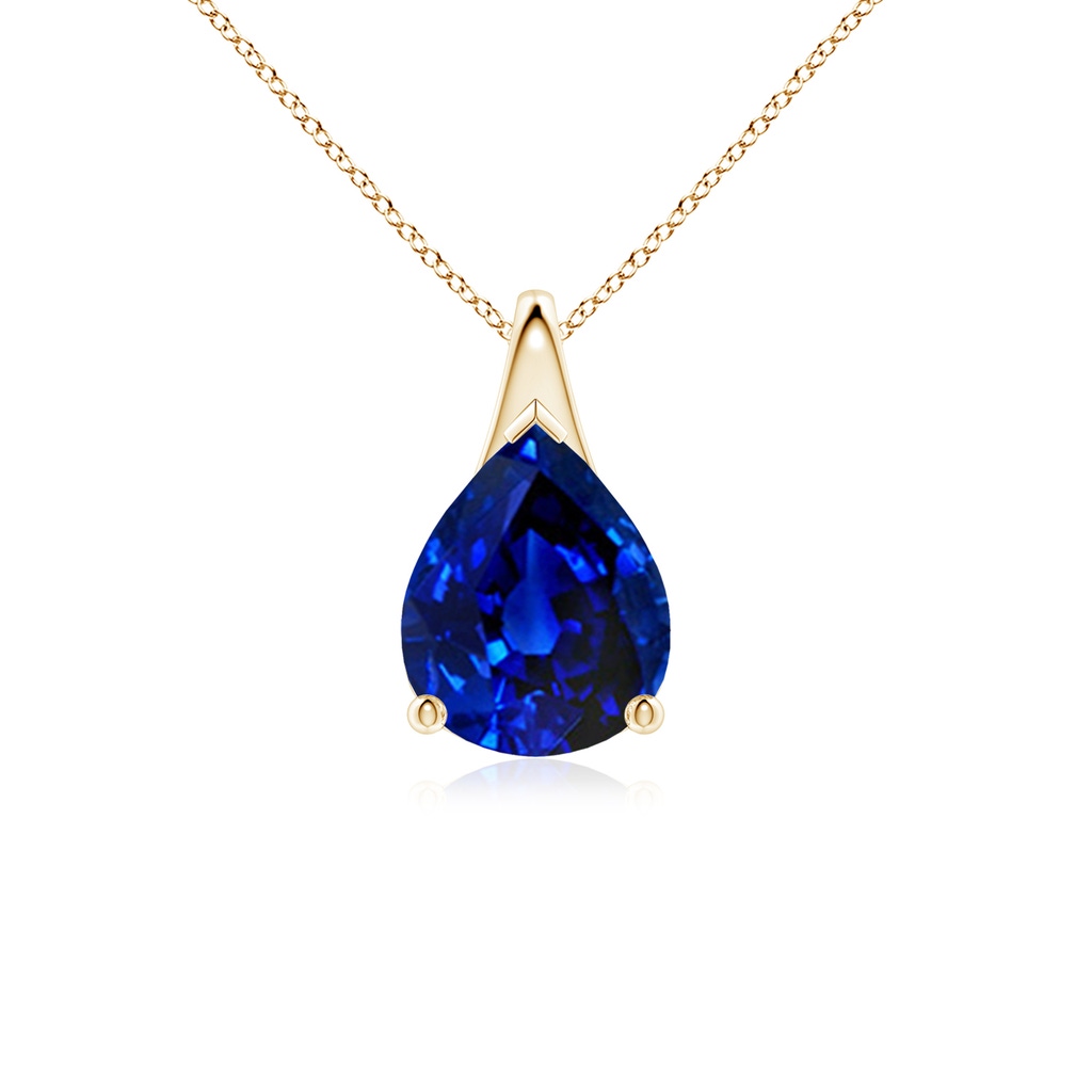 10x8mm Lab-Grown Pear-Shaped Blue Sapphire Solitaire Pendant in Yellow Gold