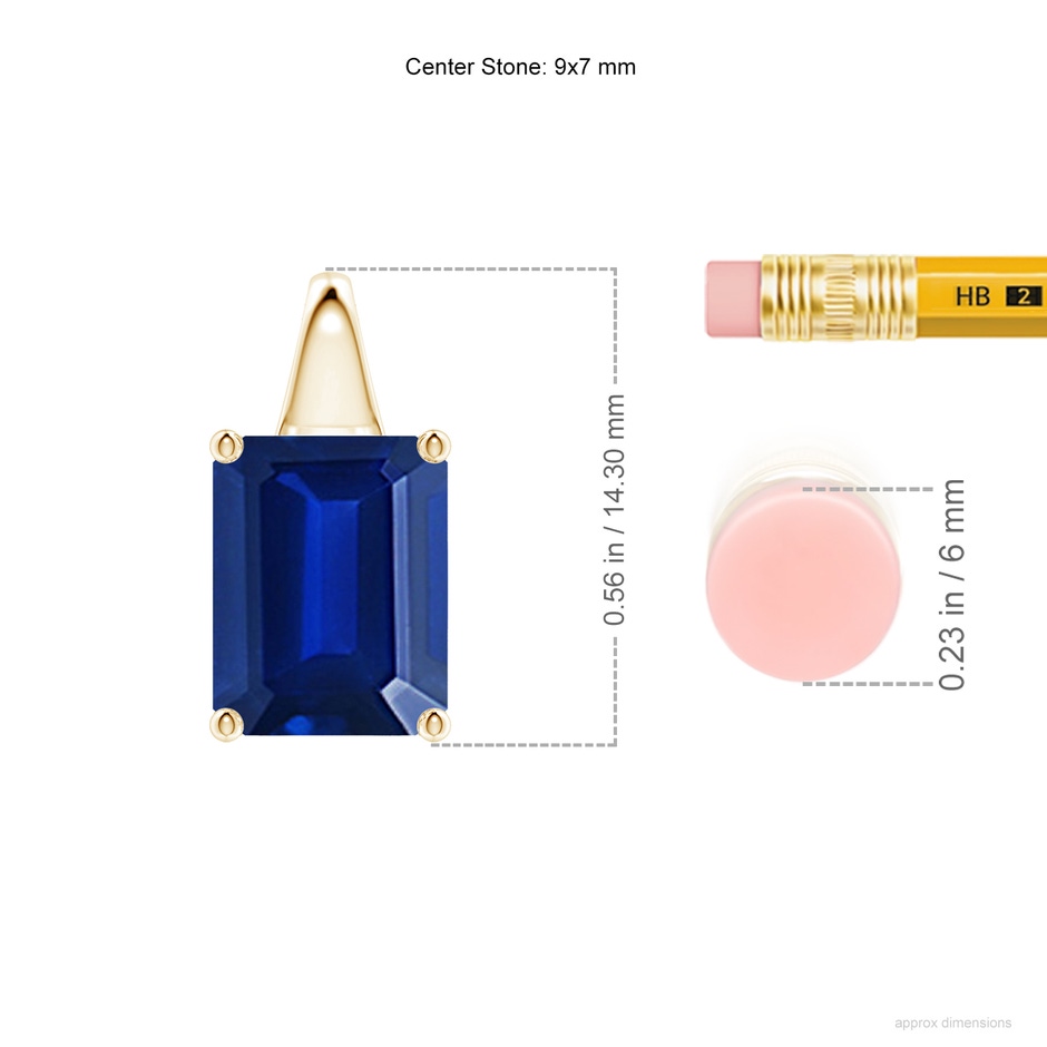 9x7mm Lab-Grown Emerald-Cut Blue Sapphire Solitaire Pendant in Yellow Gold ruler