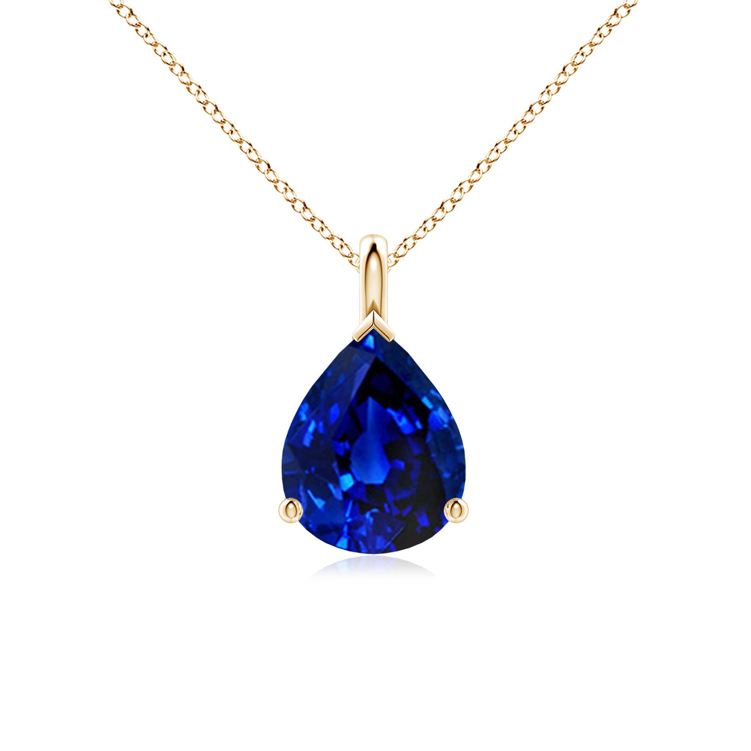 10x8mm AAAA Solitaire Pear Blue Sapphire Classic Pendant in 18K Yellow Gold