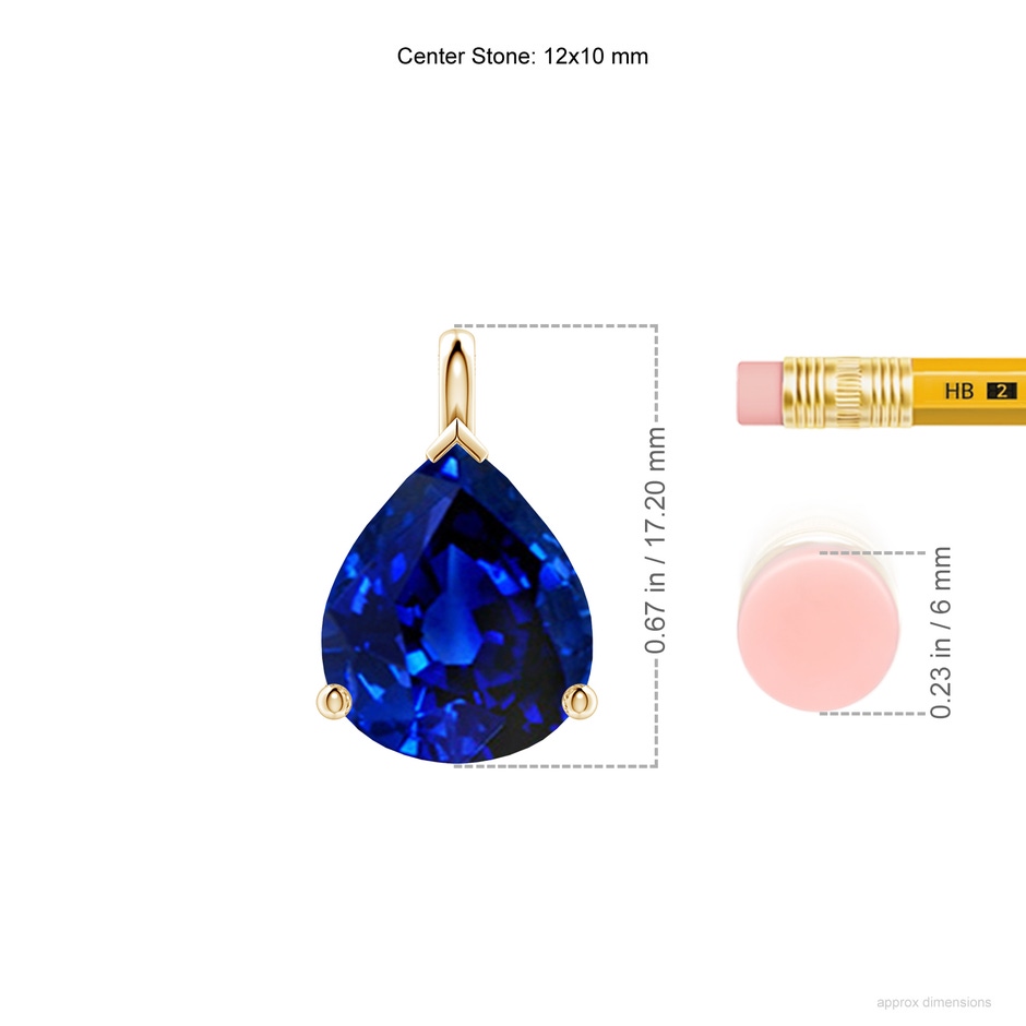 12x10mm Lab-Grown Solitaire Pear Blue Sapphire Classic Pendant in 18K Yellow Gold ruler