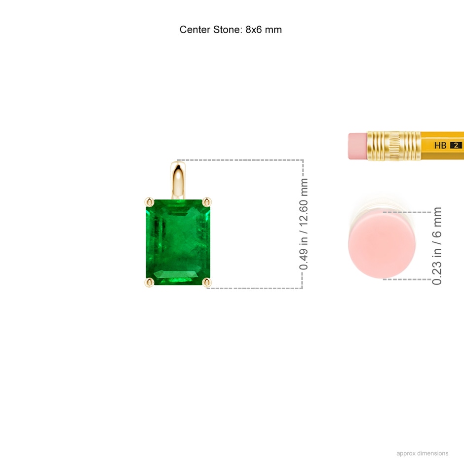 8x6mm AAAA Solitaire Emerald-Cut Emerald Classic Pendant in 18K Yellow Gold ruler