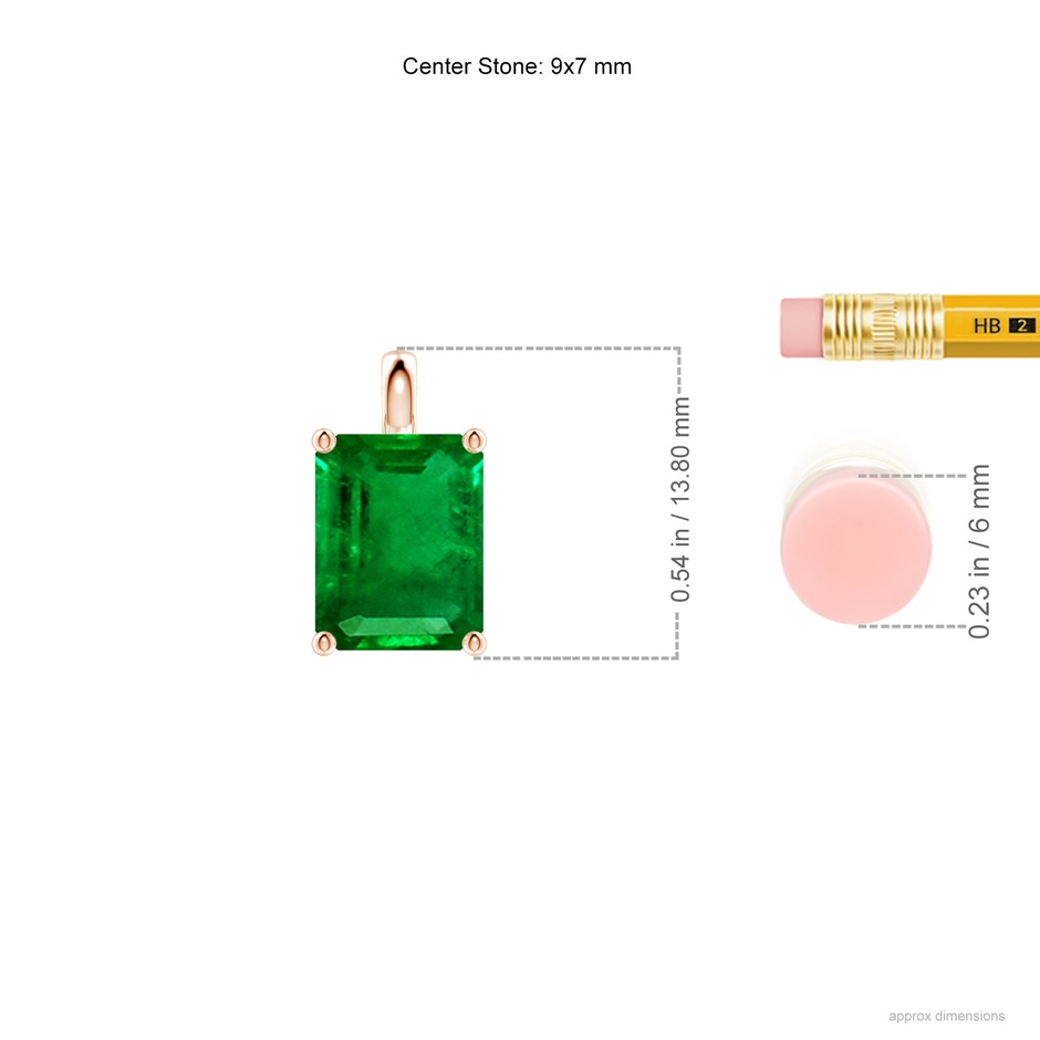 9x7mm AAAA Solitaire Emerald-Cut Emerald Classic Pendant in Rose Gold ruler