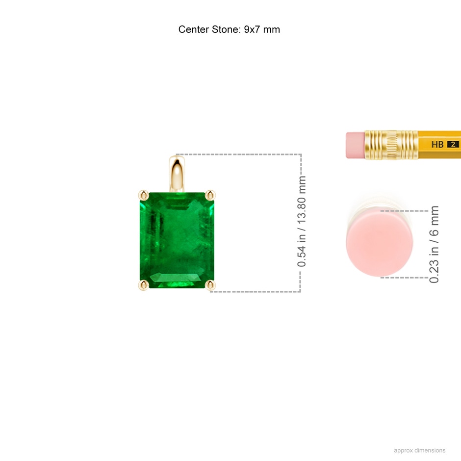 9x7mm AAAA Solitaire Emerald-Cut Emerald Classic Pendant in Yellow Gold ruler