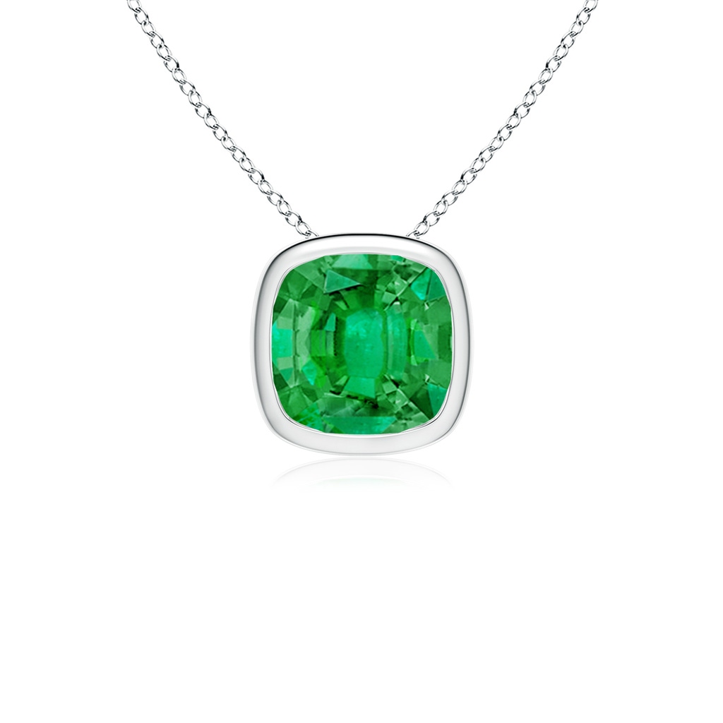 9mm AAA Bezel-Set Cushion Emerald Solitaire Pendant in White Gold 