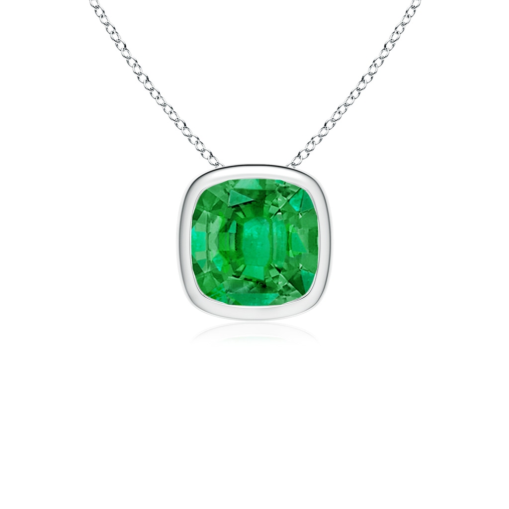 9mm AAA Bezel-Set Cushion Emerald Solitaire Pendant in White Gold