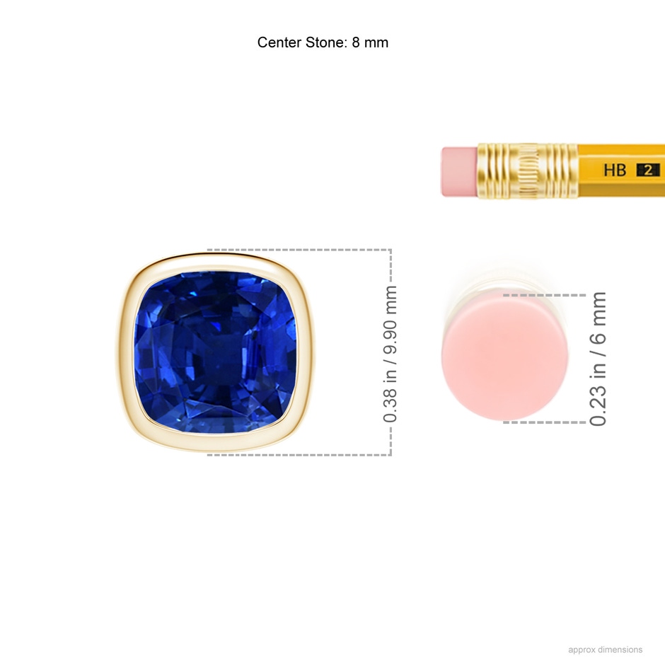 8mm Lab-Grown Bezel-Set Cushion Blue Sapphire Solitaire Pendant in 18K Yellow Gold ruler