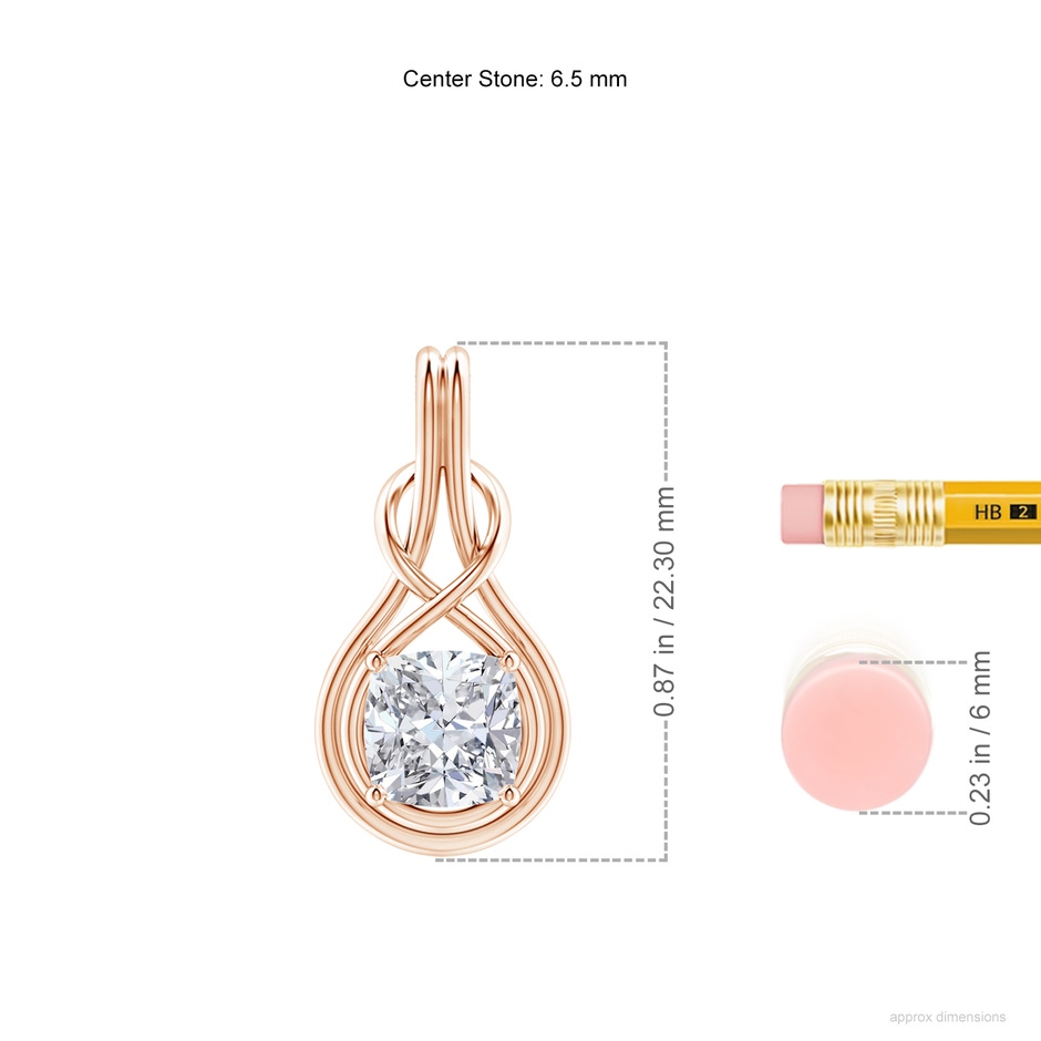 6.5mm HSI2 Cushion Diamond Solitaire Infinity Knot Pendant in Rose Gold ruler