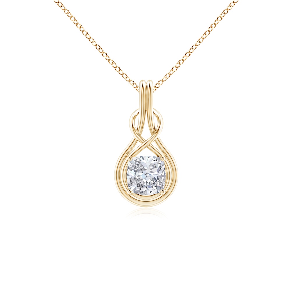 6.5mm HSI2 Cushion Diamond Solitaire Infinity Knot Pendant in Yellow Gold