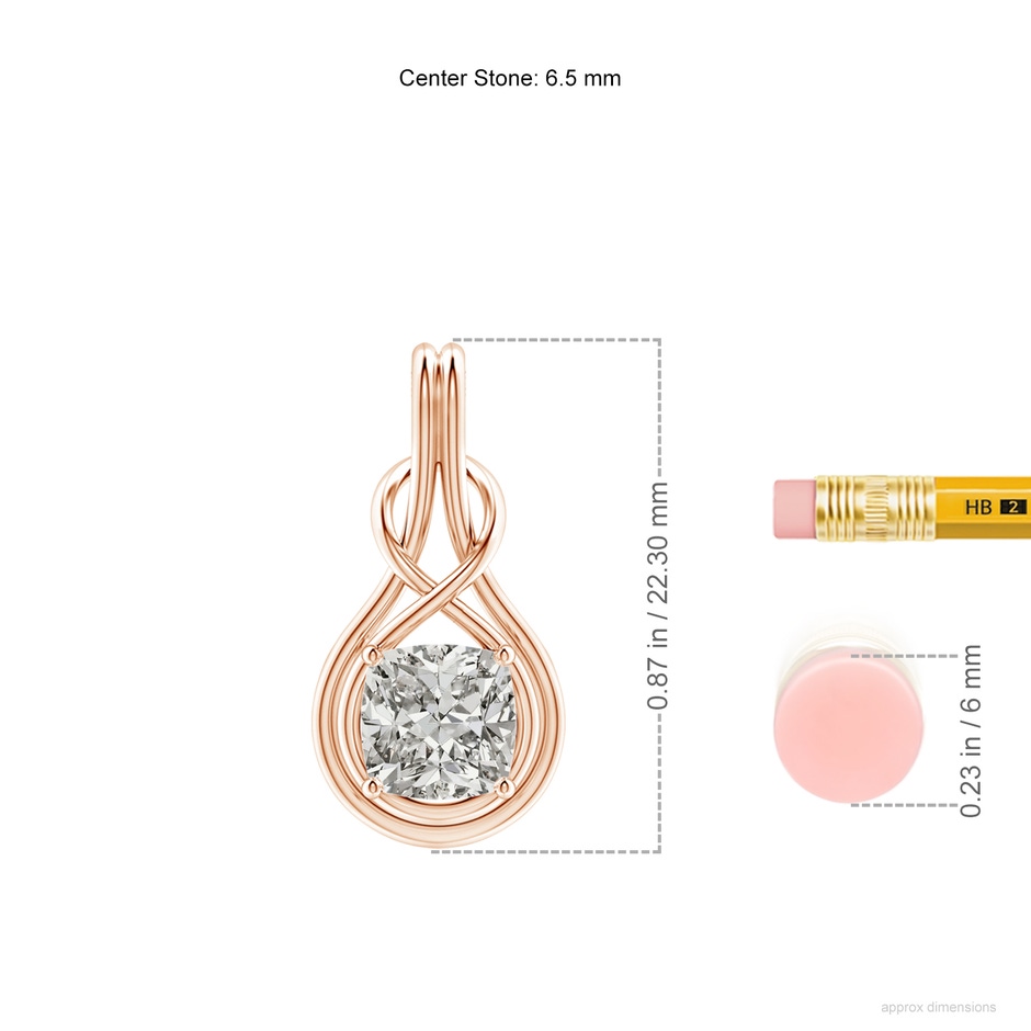6.5mm KI3 Cushion Diamond Solitaire Infinity Knot Pendant in Rose Gold ruler