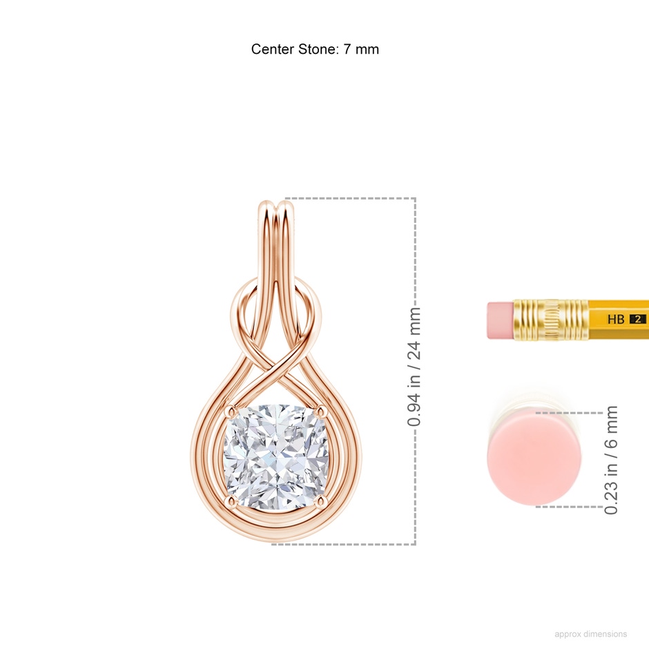 7mm GVS2 Cushion Diamond Solitaire Infinity Knot Pendant in Rose Gold ruler