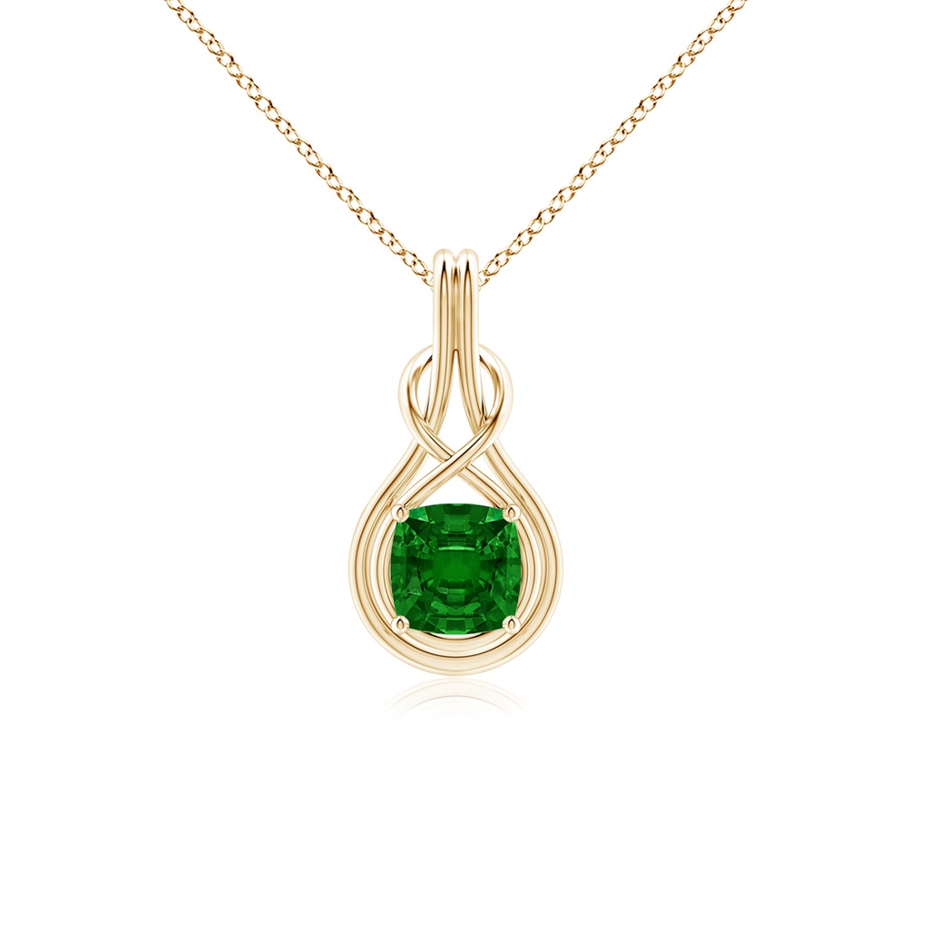 7mm AAAA Cushion Emerald Solitaire Infinity Knot Pendant in Yellow Gold