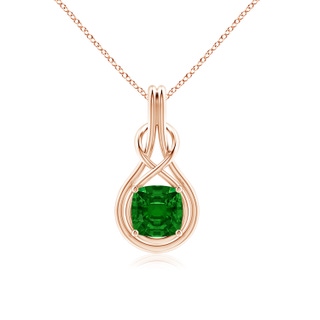 8mm AAAA Cushion Emerald Solitaire Infinity Knot Pendant in 18K Rose Gold