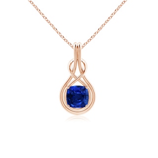 7mm AAAA Cushion Blue Sapphire Solitaire Infinity Knot Pendant in Rose Gold