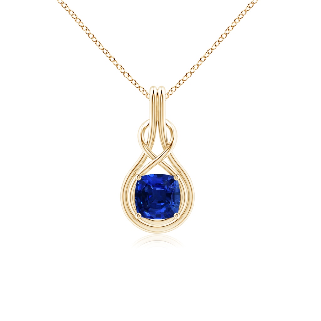 7mm Lab-Grown Cushion Blue Sapphire Solitaire Infinity Knot Pendant in Yellow Gold