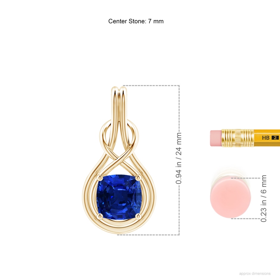 7mm Lab-Grown Cushion Blue Sapphire Solitaire Infinity Knot Pendant in Yellow Gold ruler