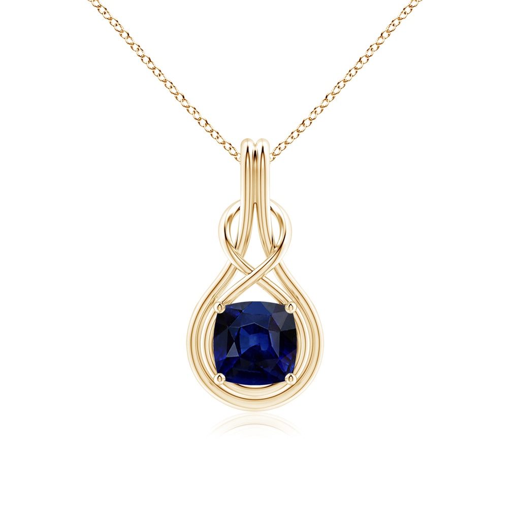 8mm AAA Cushion Blue Sapphire Solitaire Infinity Knot Pendant in Yellow Gold