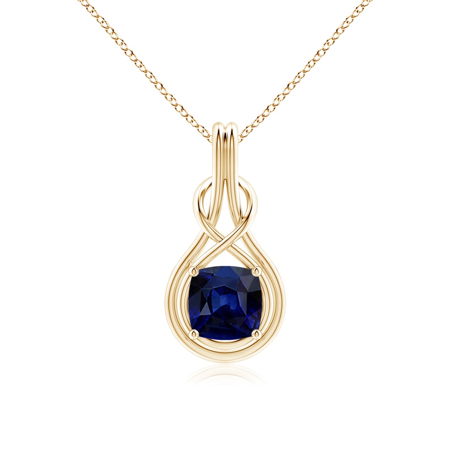 8mm AAA Cushion Blue Sapphire Solitaire Infinity Knot Pendant in Yellow Gold 