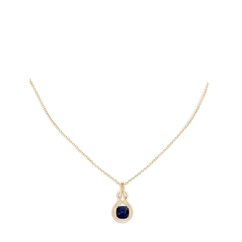 8mm AAA Cushion Blue Sapphire Solitaire Infinity Knot Pendant in Yellow Gold pen