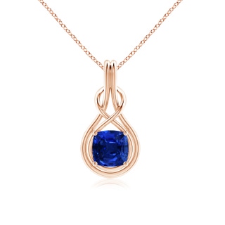 8mm AAAA Cushion Blue Sapphire Solitaire Infinity Knot Pendant in 18K Rose Gold