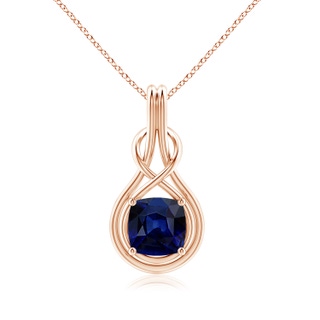 9mm AAA Cushion Blue Sapphire Solitaire Infinity Knot Pendant in Rose Gold