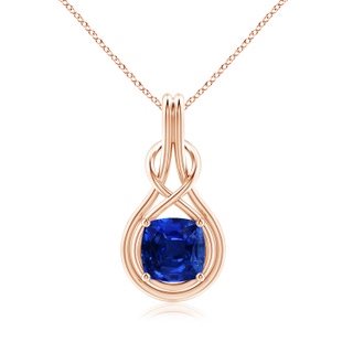 9mm AAAA Cushion Blue Sapphire Solitaire Infinity Knot Pendant in 18K Rose Gold