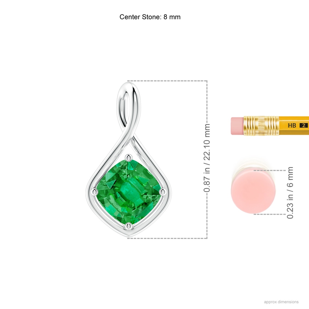 8mm AAA Solitaire Cushion Emerald Twist Bale Pendant in White Gold ruler