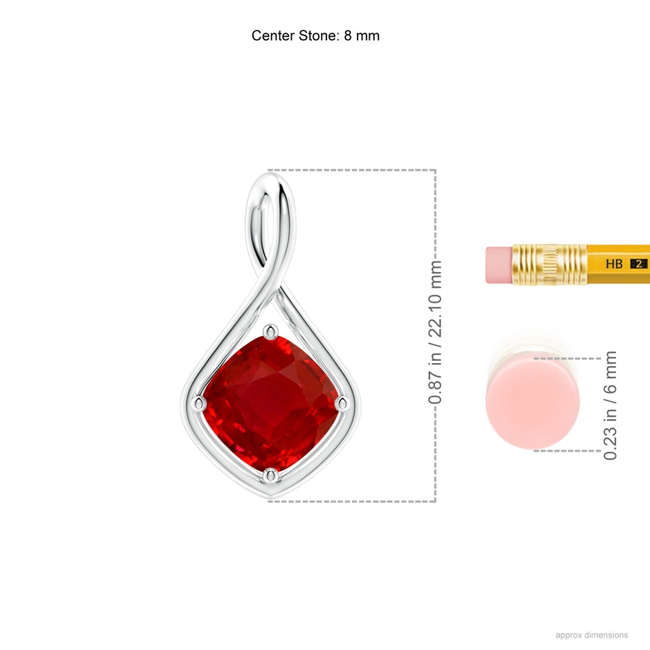 8mm AAA Solitaire Cushion Ruby Twist Bale Pendant in White Gold ruler