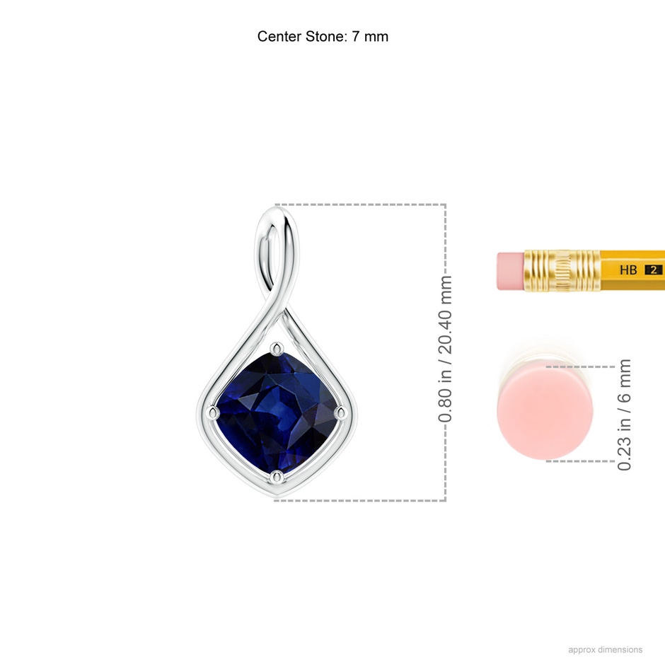 7mm AAA Solitaire Cushion Blue Sapphire Twist Bale Pendant in White Gold ruler