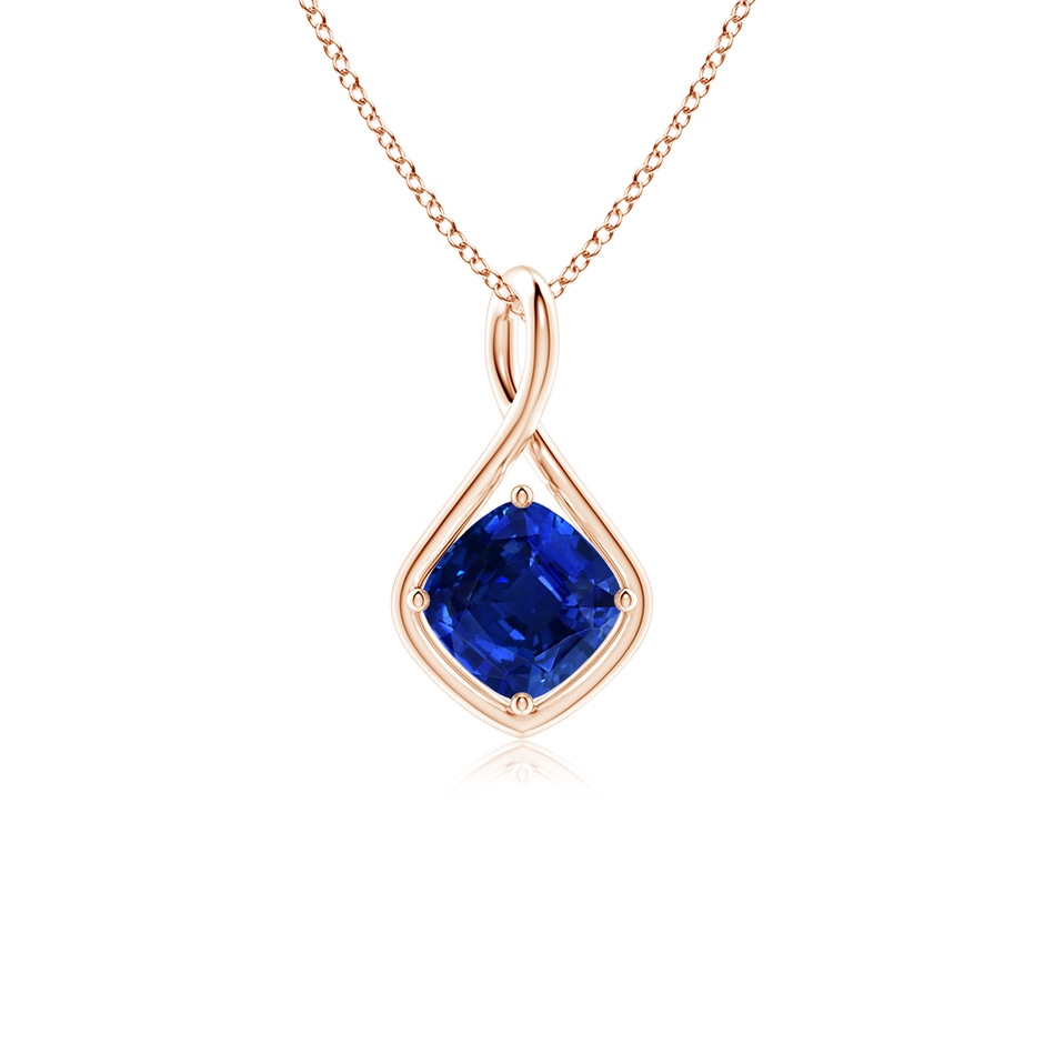 7mm AAAA Solitaire Cushion Blue Sapphire Twist Bale Pendant in Rose Gold 