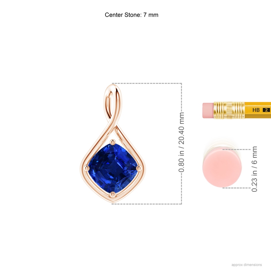 7mm AAAA Solitaire Cushion Blue Sapphire Twist Bale Pendant in Rose Gold ruler