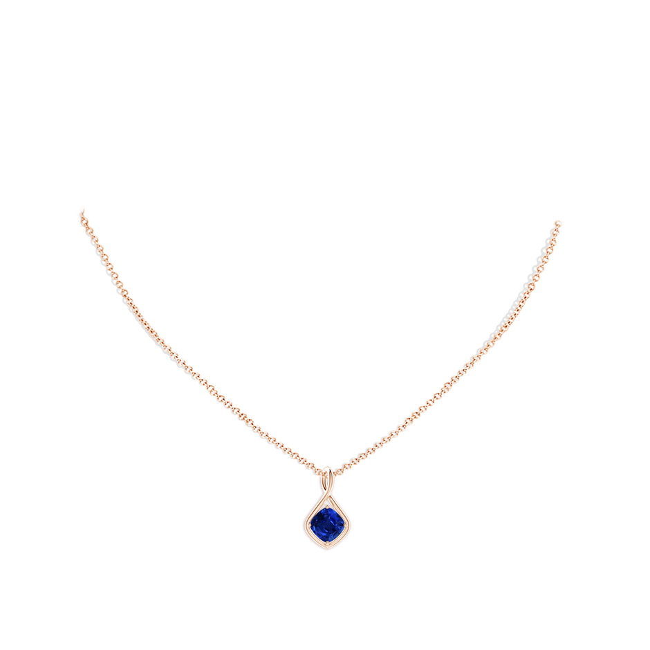 7mm AAAA Solitaire Cushion Blue Sapphire Twist Bale Pendant in Rose Gold pen