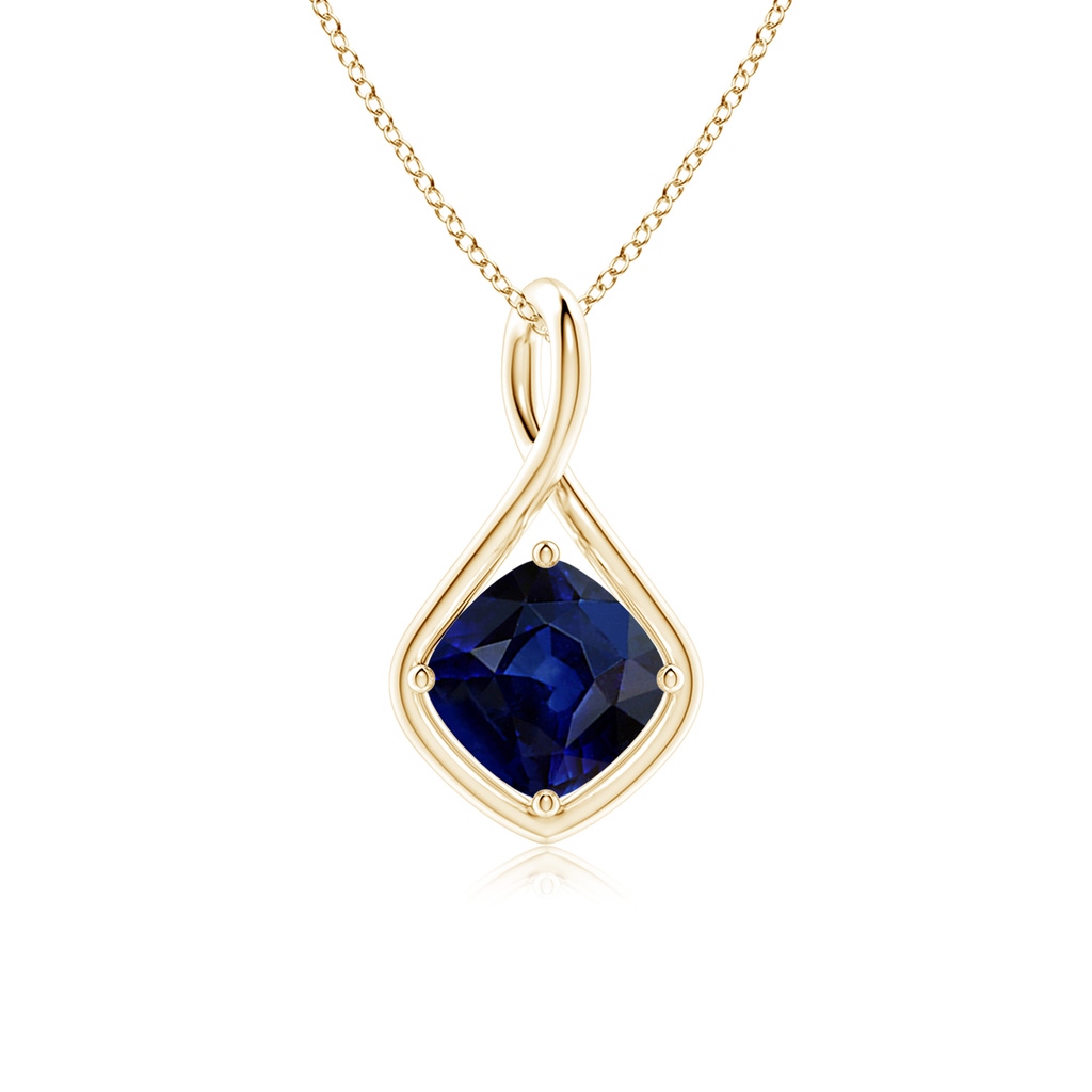 8mm AAA Solitaire Cushion Blue Sapphire Twist Bale Pendant in Yellow Gold