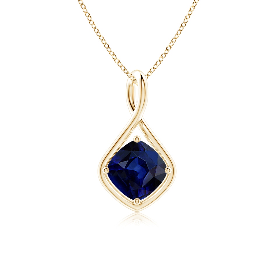 8mm AAA Solitaire Cushion Blue Sapphire Twist Bale Pendant in Yellow Gold 