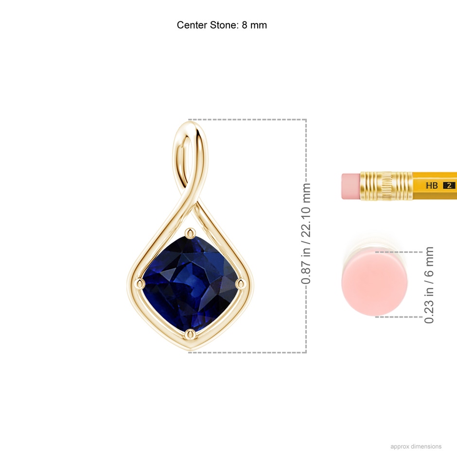 8mm AAA Solitaire Cushion Blue Sapphire Twist Bale Pendant in Yellow Gold ruler